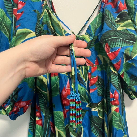 Farm Rio Dream Garden Tropical Puff Sleeve Beaded Tiered Midi Dress Small - Picture 5 of 13